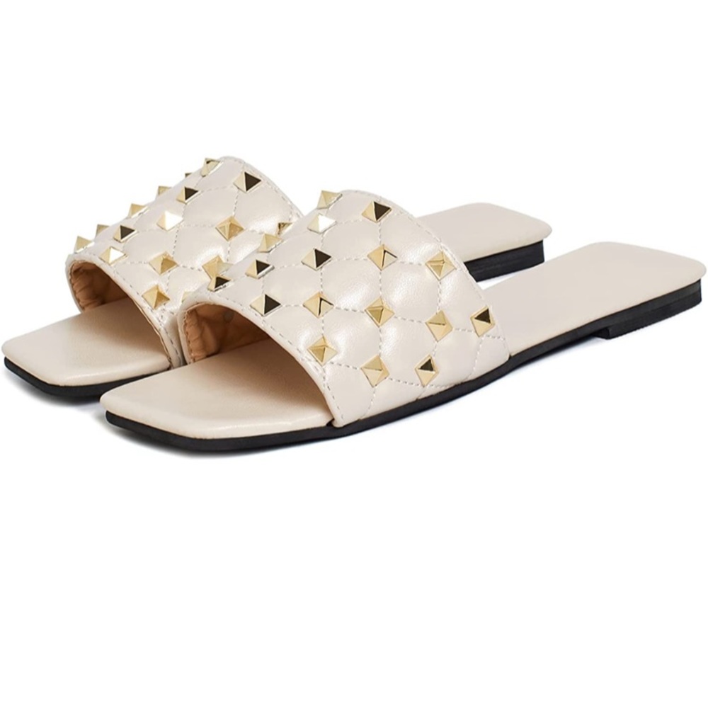 Women's Studded Sandals Flat Square Open Toe Pleather Strap Slides Slip On Shoes